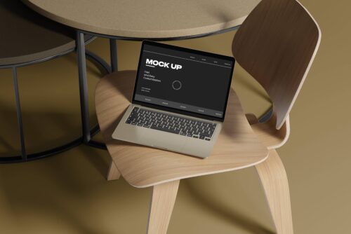 موکاپ رایگان لپ‌تاپ روی صندلی چوبی | کد 79